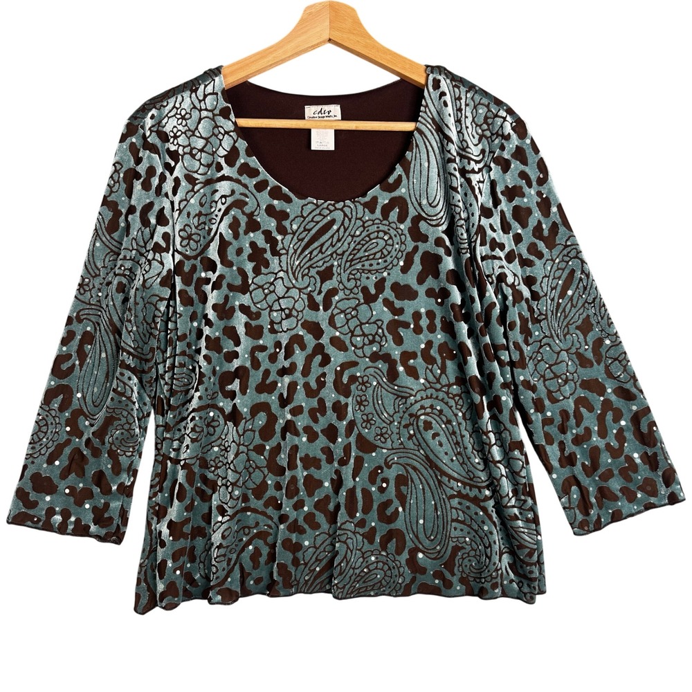 Vintage Y2K CDW Creative Design Velvet Paisley Leopard Top Green Brown‎ Large